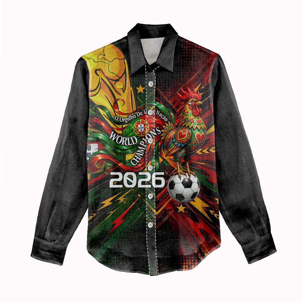 Personalized Portugal Football Champions 2026 Women Casual Shirt Rooster Mascot Comic Trophy Soccer Ball