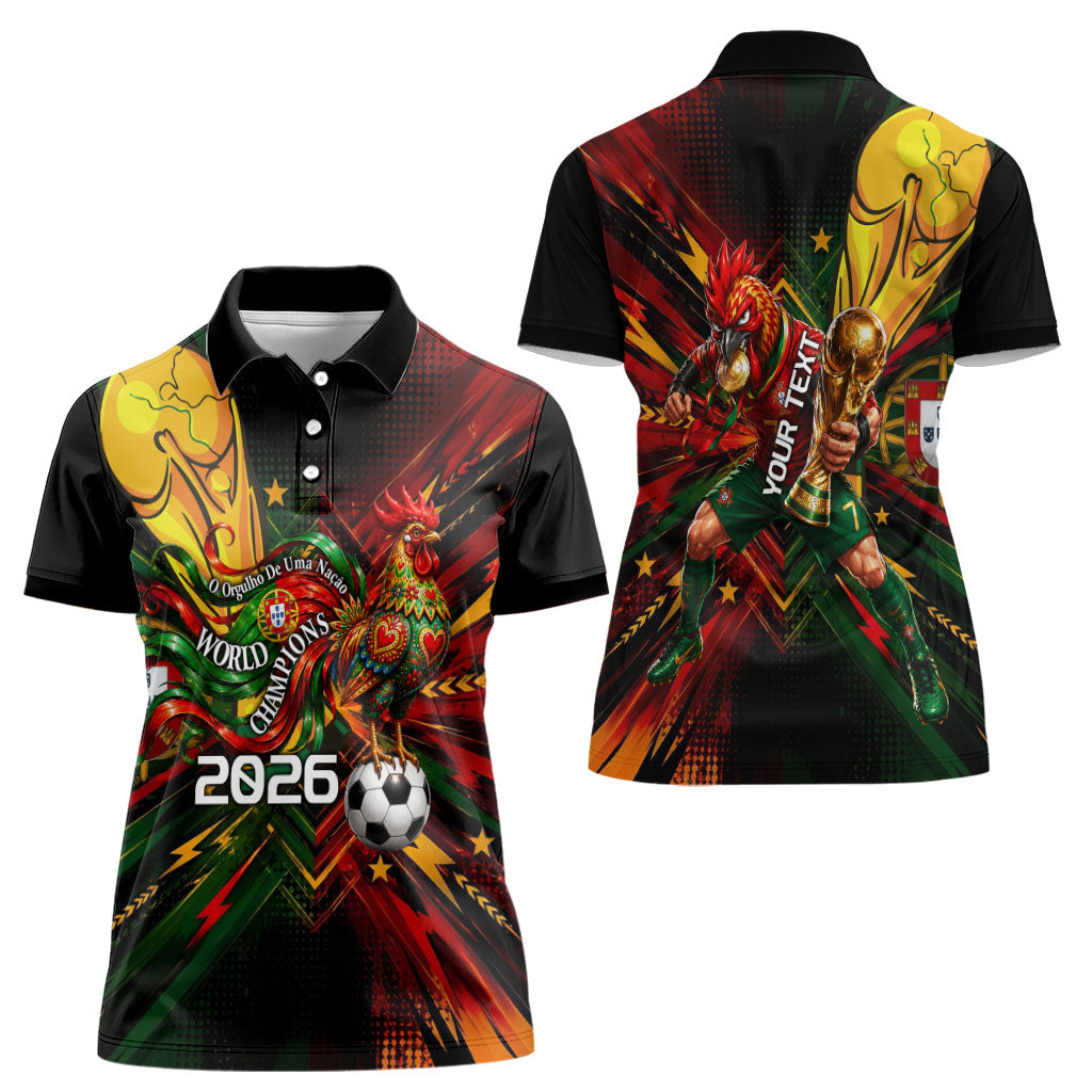Personalized Portugal Football Champions 2026 Women Polo Shirt Rooster Mascot Comic Trophy Soccer Ball