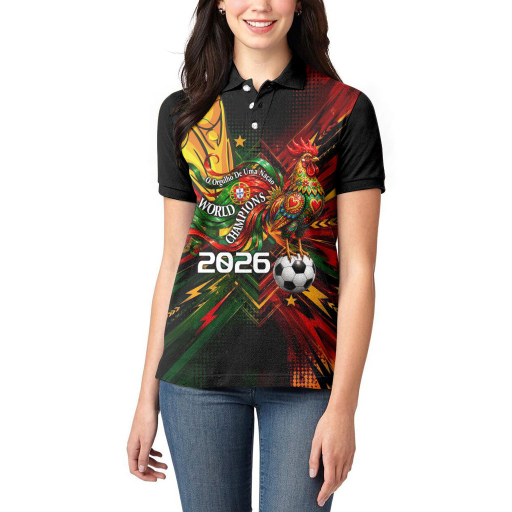 Personalized Portugal Football Champions 2026 Women Polo Shirt Rooster Mascot Comic Trophy Soccer Ball