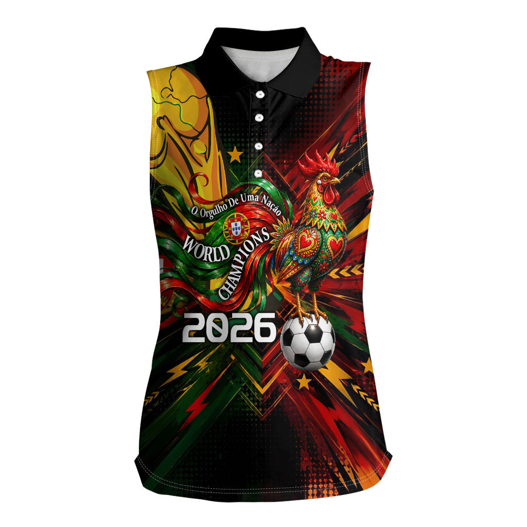 Personalized Portugal Football Champions 2026 Women Sleeveless Polo Shirt Rooster Mascot Comic Trophy Soccer Ball