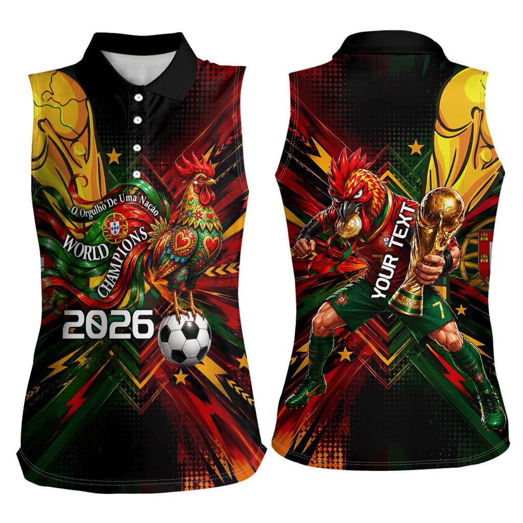 Personalized Portugal Football Champions 2026 Women Sleeveless Polo Shirt Rooster Mascot Comic Trophy Soccer Ball