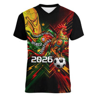 Personalized Portugal Football Champions 2026 Women V-Neck T-Shirt Rooster Mascot Comic Trophy Soccer Ball