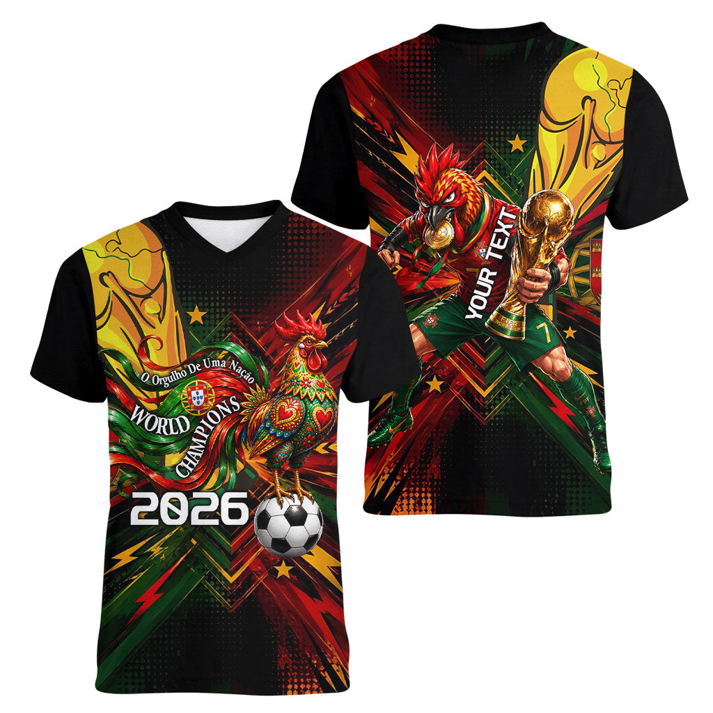 Personalized Portugal Football Champions 2026 Women V-Neck T-Shirt Rooster Mascot Comic Trophy Soccer Ball