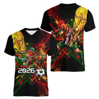 Personalized Portugal Football Champions 2026 Women V-Neck T-Shirt Rooster Mascot Comic Trophy Soccer Ball