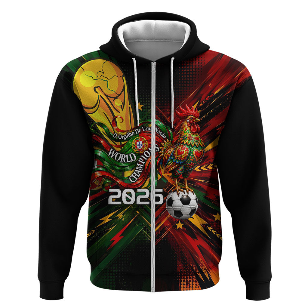 Personalized Portugal Football Champions 2026 Zip Hoodie Rooster Mascot Comic Trophy Soccer Ball