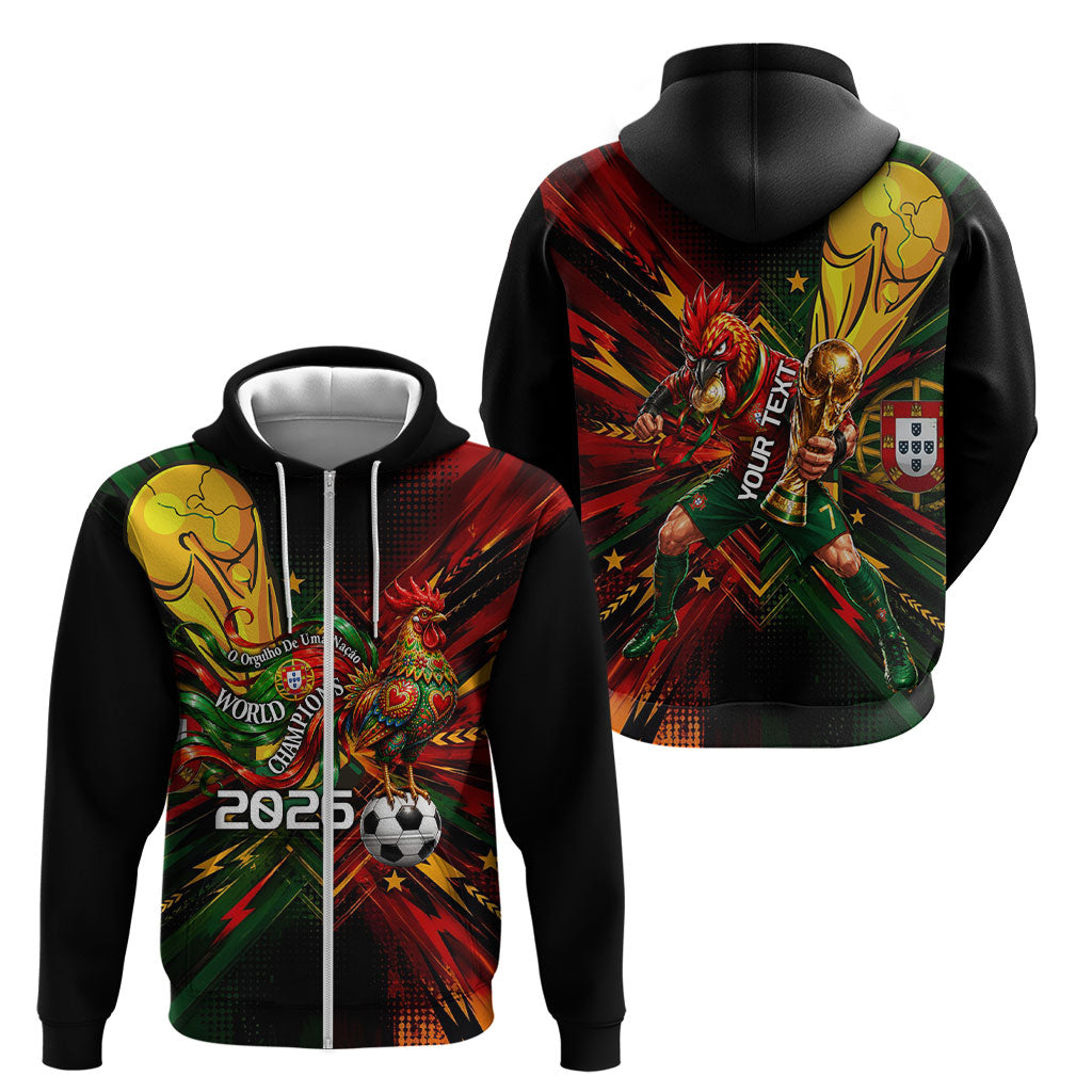 Personalized Portugal Football Champions 2026 Zip Hoodie Rooster Mascot Comic Trophy Soccer Ball