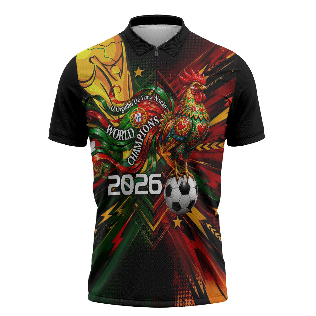 Personalized Portugal Football Champions 2026 Zipper Polo Shirt Rooster Mascot Comic Trophy Soccer Ball