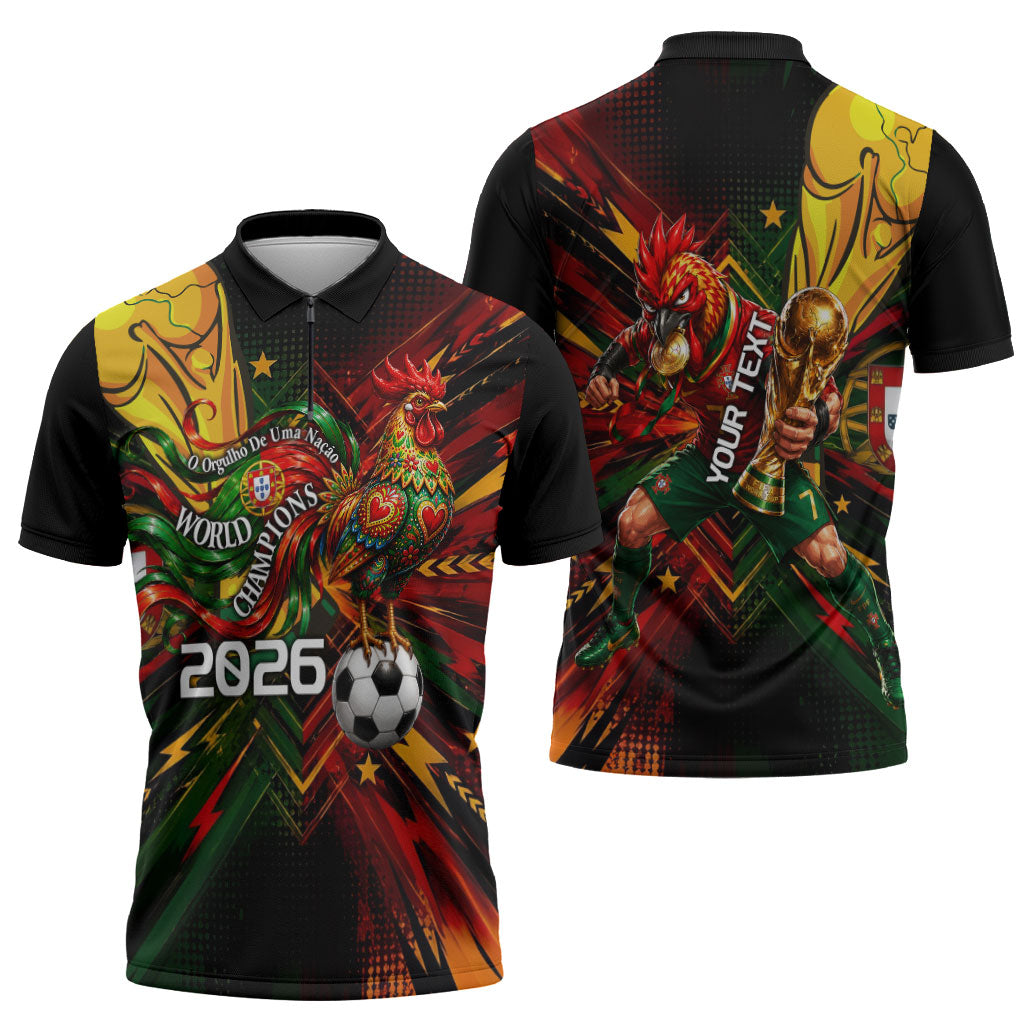 Personalized Portugal Football Champions 2026 Zipper Polo Shirt Rooster Mascot Comic Trophy Soccer Ball