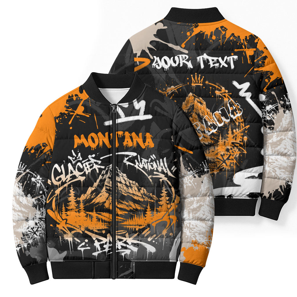 Personalized Montana Glacier National Park Bomber Puffer Jacket Urban Graffiti Street Art Paint Splatter