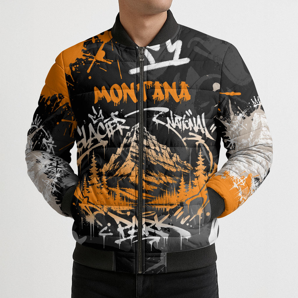 Personalized Montana Glacier National Park Bomber Puffer Jacket Urban Graffiti Street Art Paint Splatter