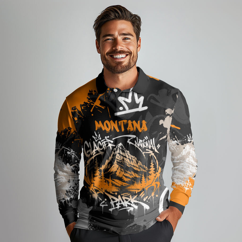 Personalized Montana Glacier National Park Long Sleeve Polo Shirt Urban Graffiti Street Art Paint Splatter