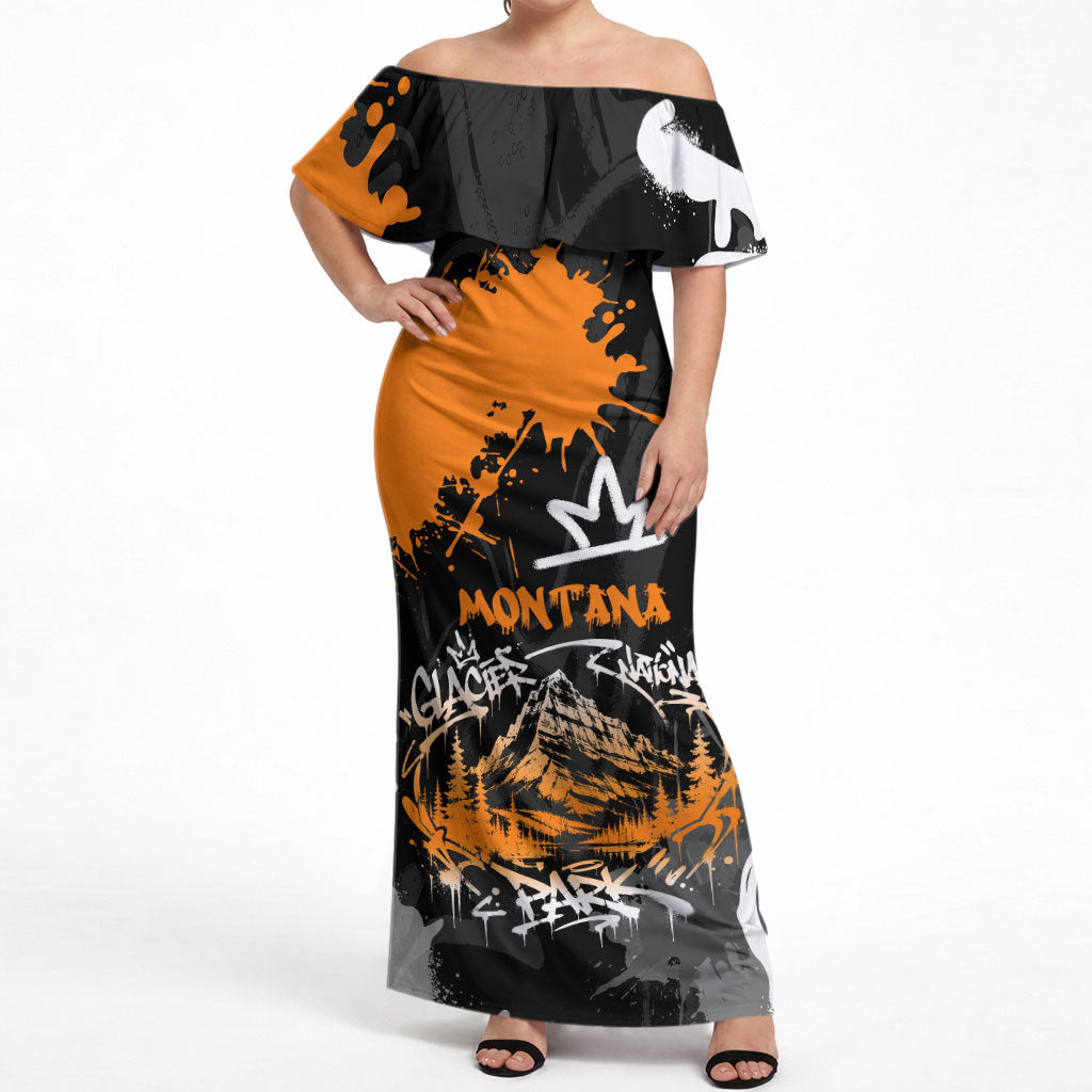 Personalized Montana Glacier National Park Off Shoulder Maxi Dress Urban Graffiti Street Art Paint Splatter