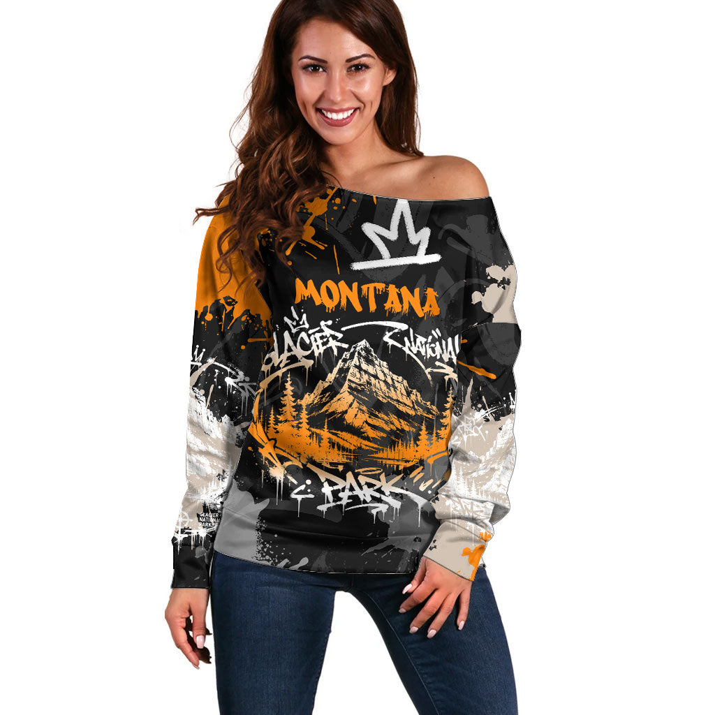 Personalized Montana Glacier National Park Off Shoulder Sweater Urban Graffiti Street Art Paint Splatter