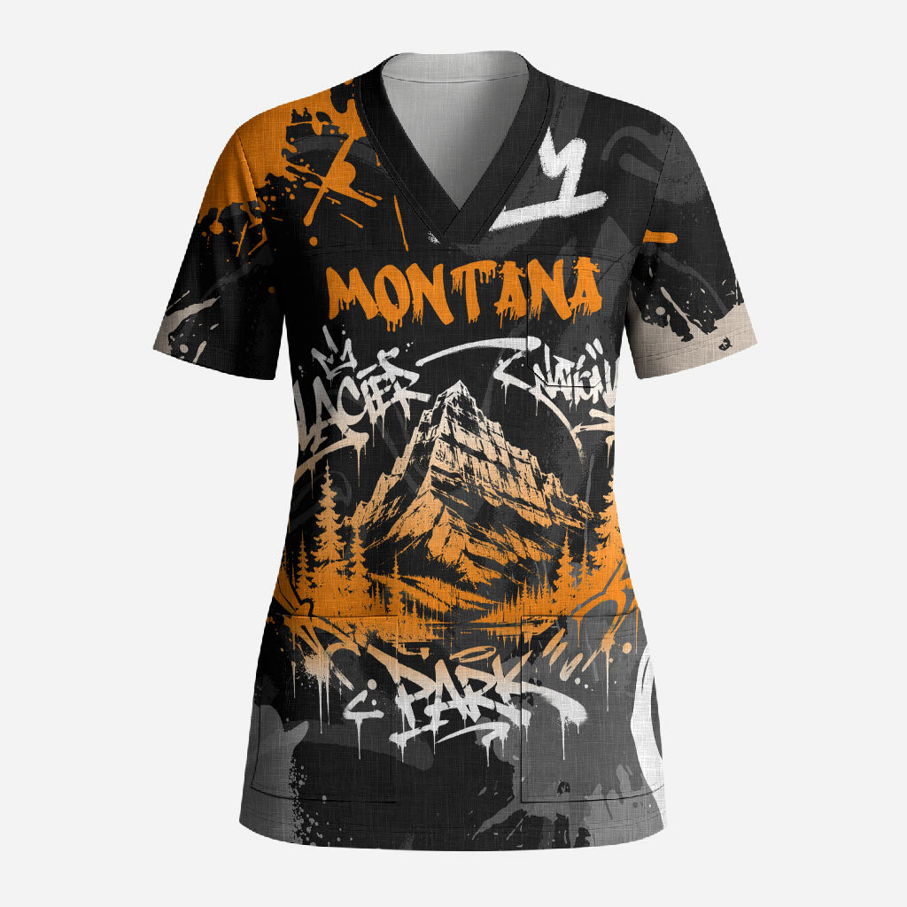 Personalized Montana Glacier National Park Scrub Top Urban Graffiti Street Art Paint Splatter