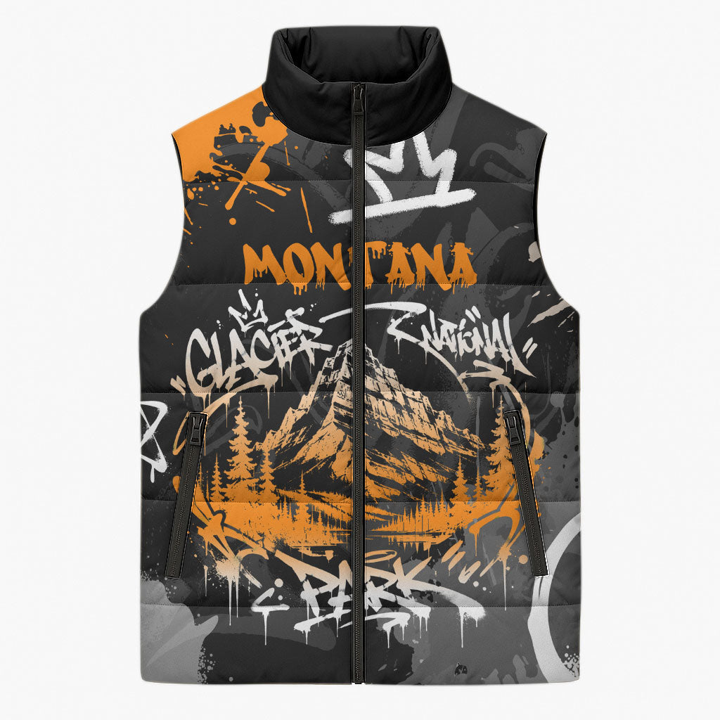 Personalized Montana Glacier National Park Sleeveless Puffer Jacket Urban Graffiti Street Art Paint Splatter