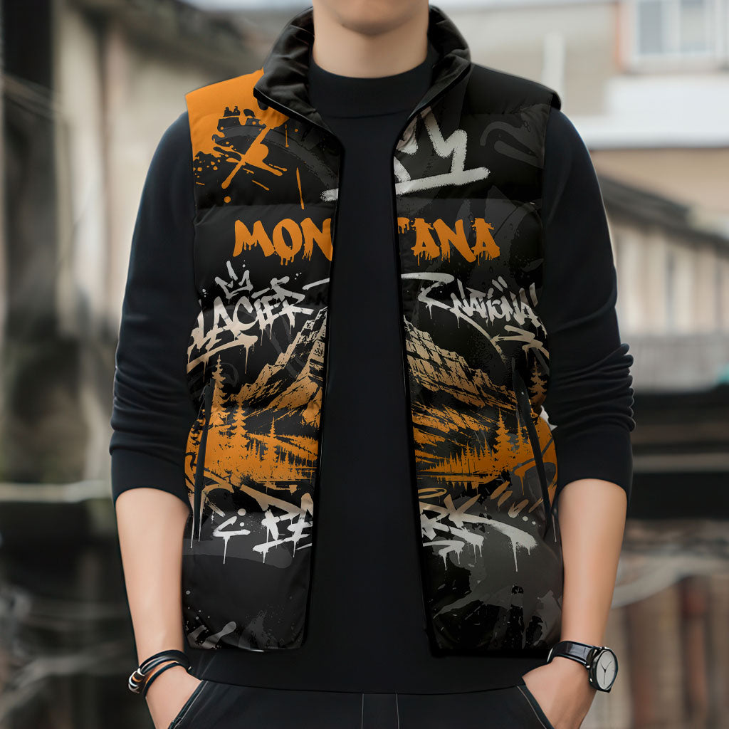 Personalized Montana Glacier National Park Sleeveless Puffer Jacket Urban Graffiti Street Art Paint Splatter