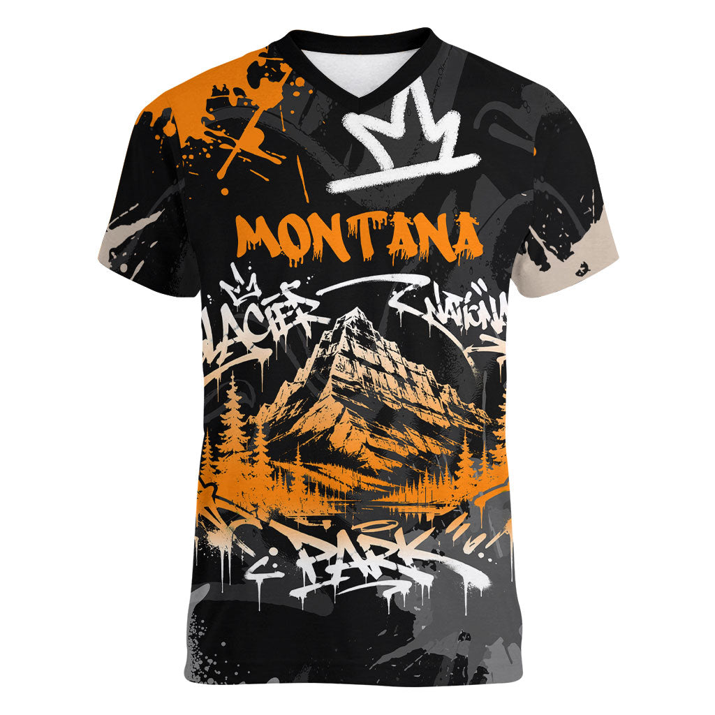 Personalized Montana Glacier National Park Women V-Neck T-Shirt Urban Graffiti Street Art Paint Splatter