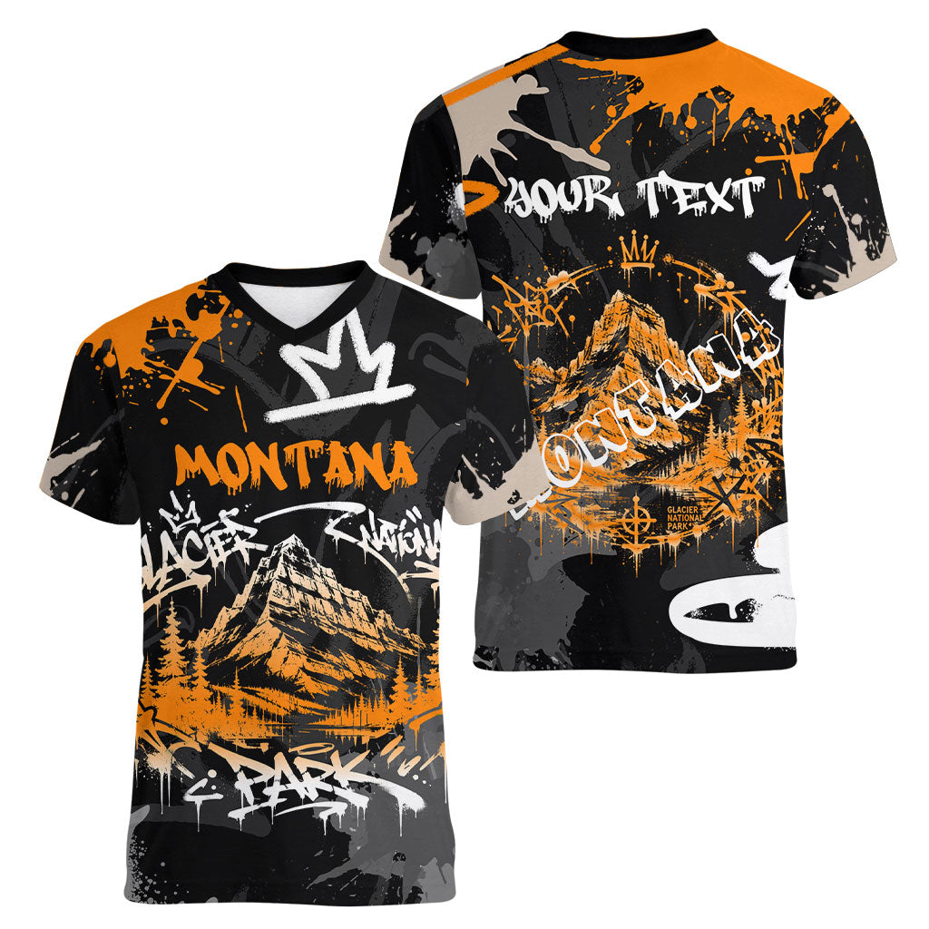 Personalized Montana Glacier National Park Women V-Neck T-Shirt Urban Graffiti Street Art Paint Splatter