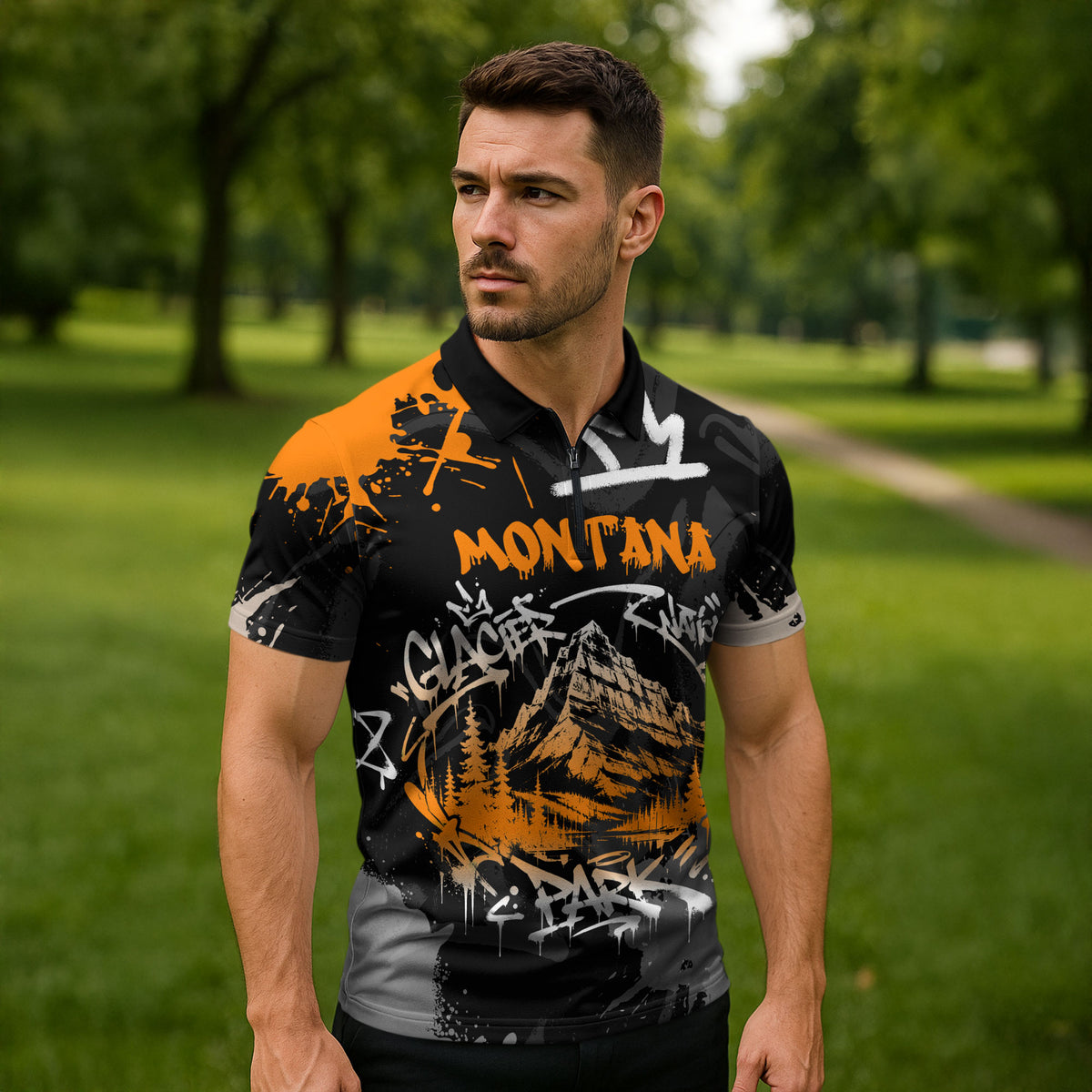 Personalized Montana Glacier National Park Zipper Polo Shirt Urban Graffiti Street Art Paint Splatter