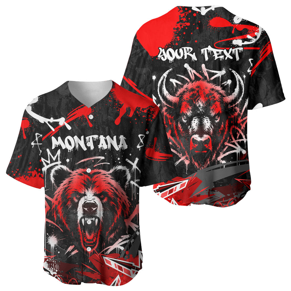 Personalized Montana Grizzly Bear and Bison Baseball Jersey Urban Graffiti Grunge Paint Splatter