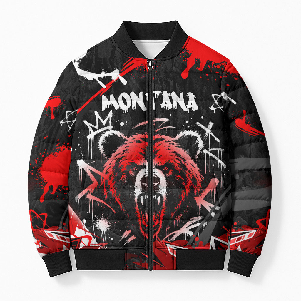 Personalized Montana Grizzly Bear and Bison Bomber Puffer Jacket Urban Graffiti Grunge Paint Splatter