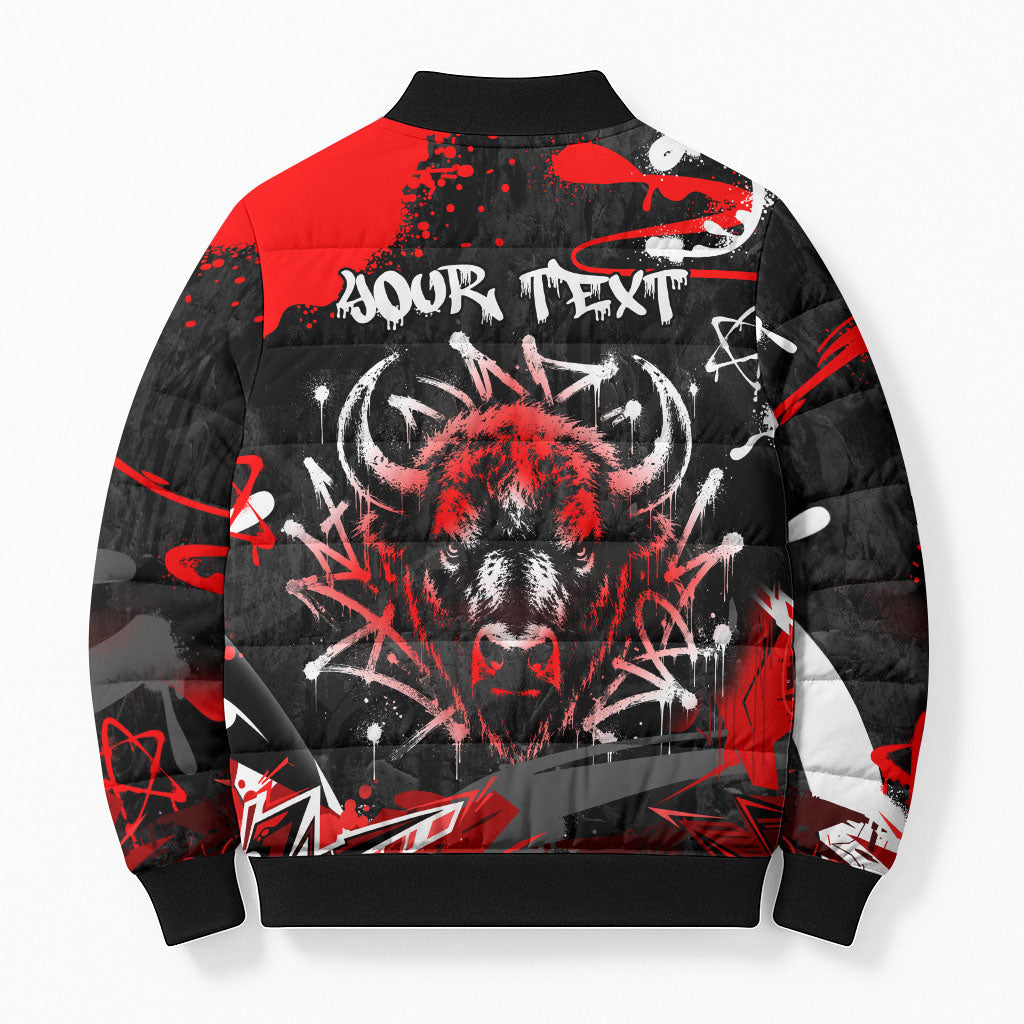 Personalized Montana Grizzly Bear and Bison Bomber Puffer Jacket Urban Graffiti Grunge Paint Splatter