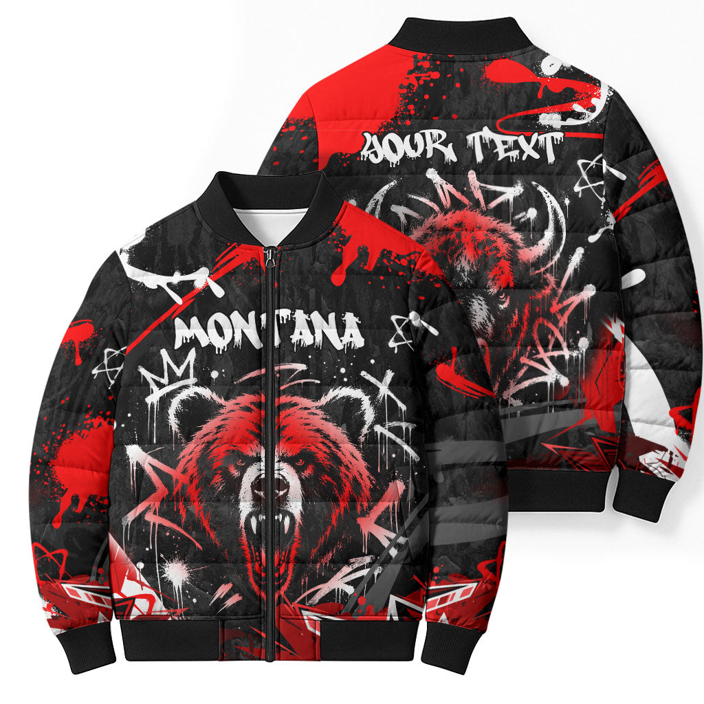 Personalized Montana Grizzly Bear and Bison Bomber Puffer Jacket Urban Graffiti Grunge Paint Splatter