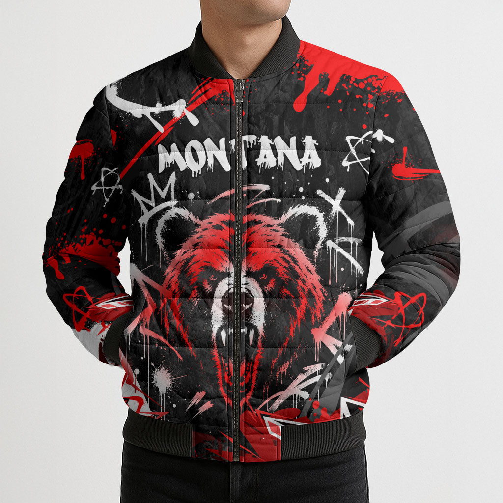 Personalized Montana Grizzly Bear and Bison Bomber Puffer Jacket Urban Graffiti Grunge Paint Splatter