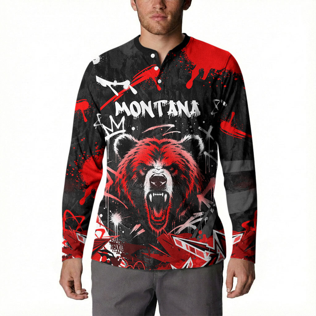 Personalized Montana Grizzly Bear and Bison Button Sweatshirt Urban Graffiti Grunge Paint Splatter