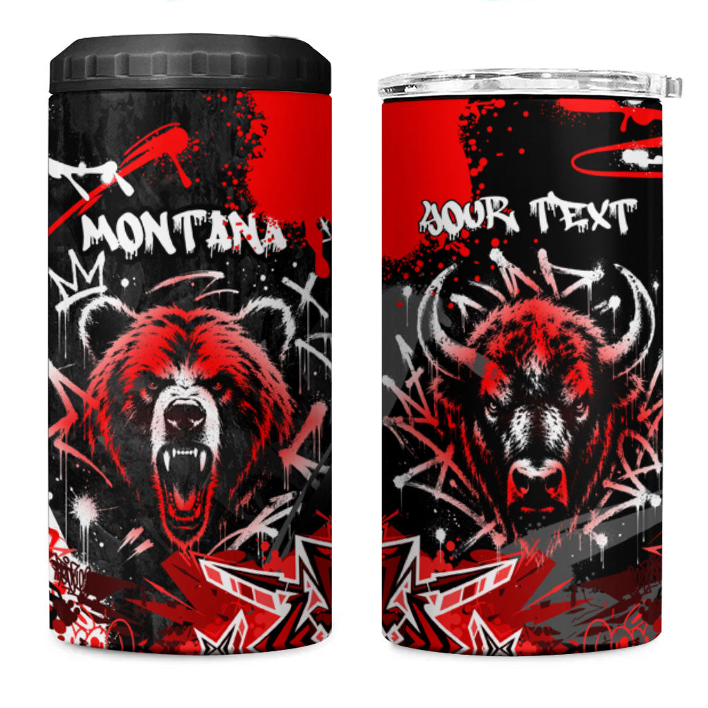 Personalized Montana Grizzly Bear and Bison 4 in 1 Can Cooler Tumbler Urban Graffiti Grunge Paint Splatter