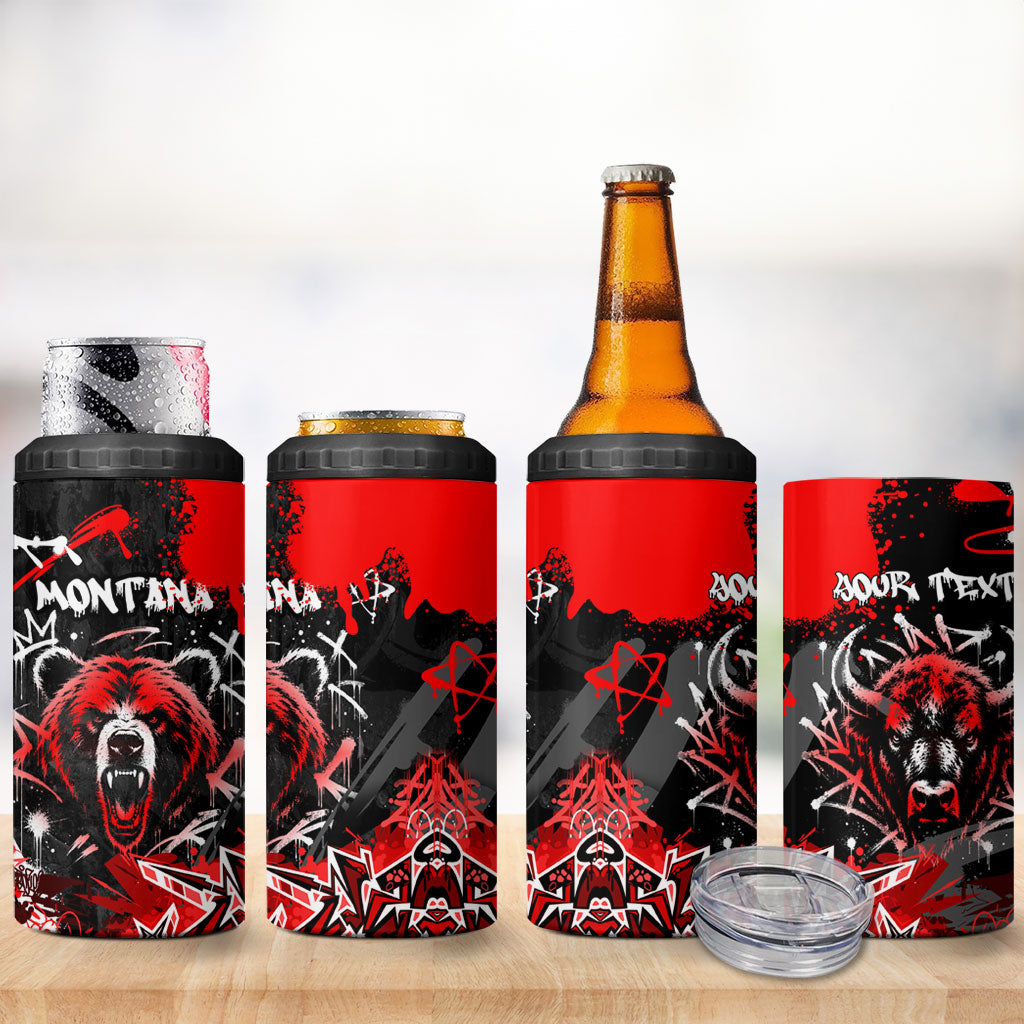 Personalized Montana Grizzly Bear and Bison 4 in 1 Can Cooler Tumbler Urban Graffiti Grunge Paint Splatter