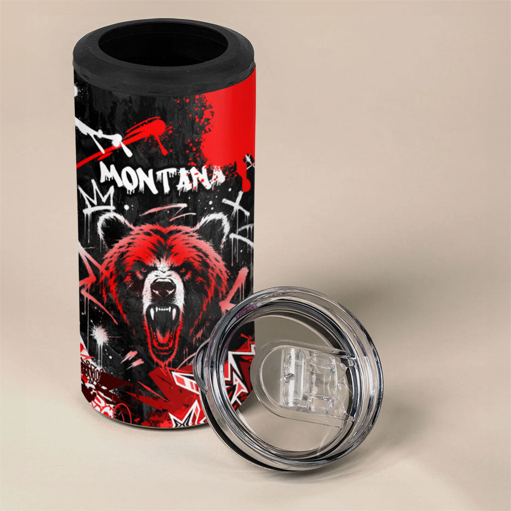 Personalized Montana Grizzly Bear and Bison 4 in 1 Can Cooler Tumbler Urban Graffiti Grunge Paint Splatter