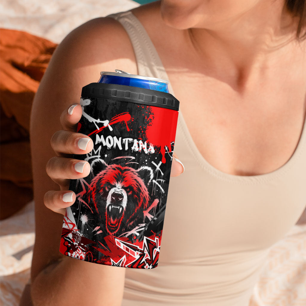 Personalized Montana Grizzly Bear and Bison 4 in 1 Can Cooler Tumbler Urban Graffiti Grunge Paint Splatter