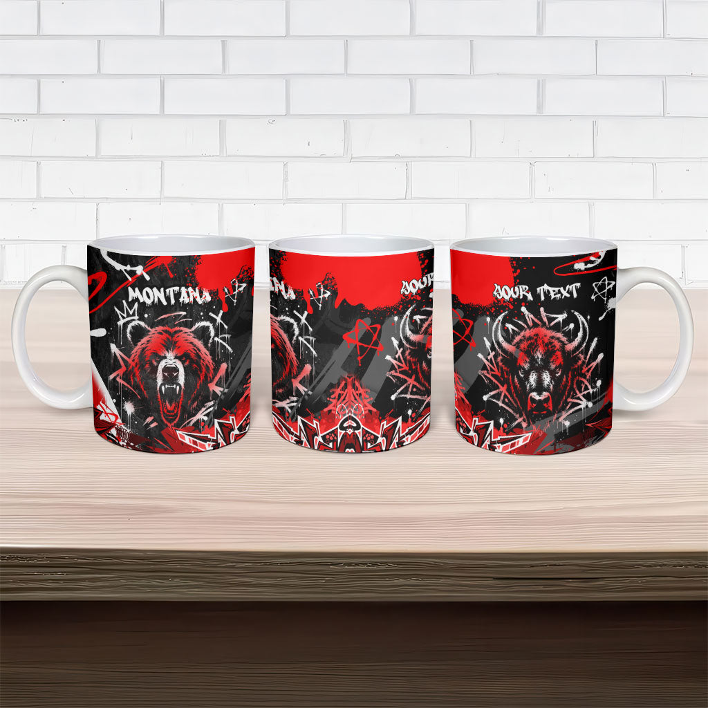 Personalized Montana Grizzly Bear and Bison Ceramic Mug Urban Graffiti Grunge Paint Splatter