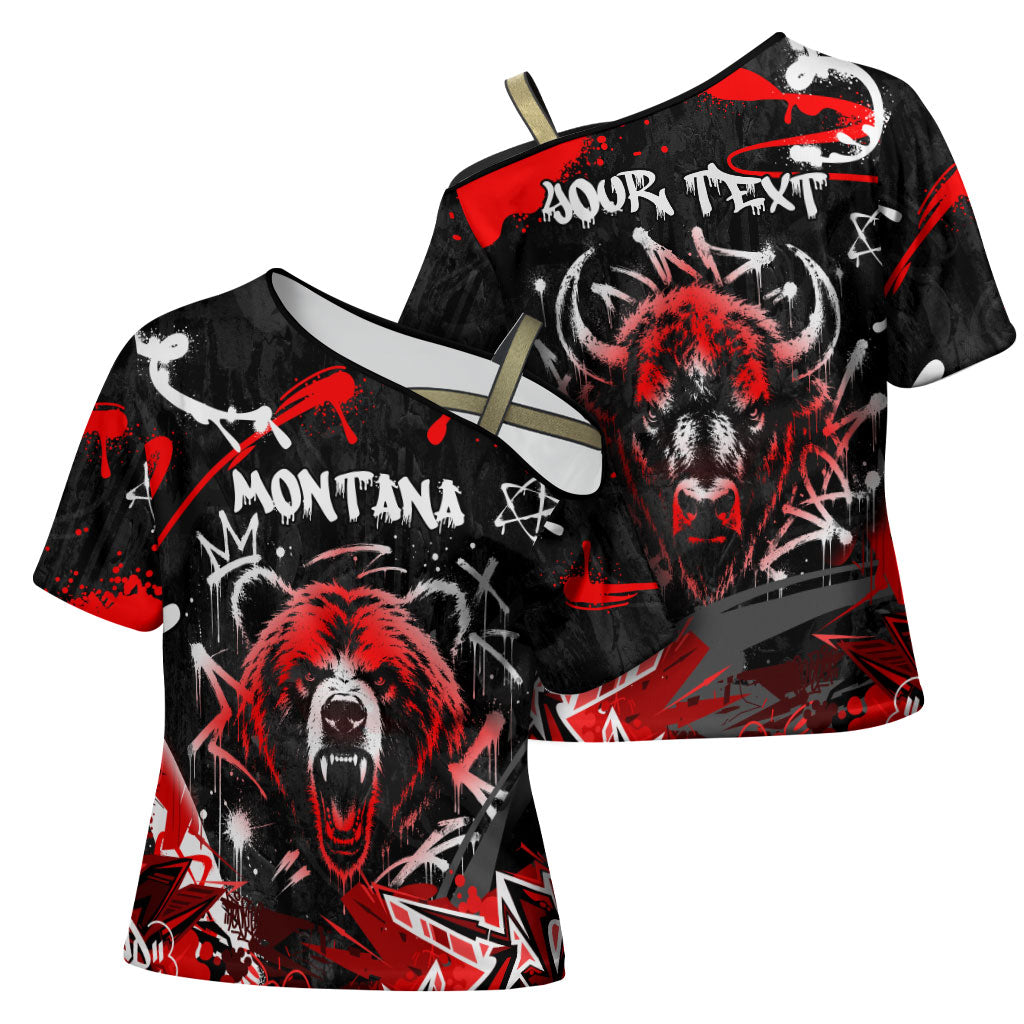 Personalized Montana Grizzly Bear and Bison Cross Shoulder Shirt Urban Graffiti Grunge Paint Splatter