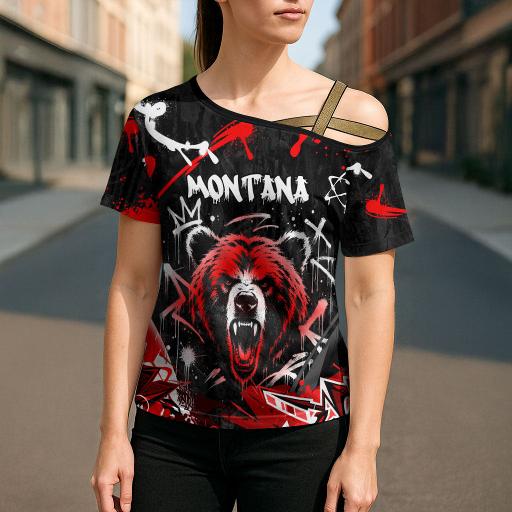 Personalized Montana Grizzly Bear and Bison Cross Shoulder Shirt Urban Graffiti Grunge Paint Splatter