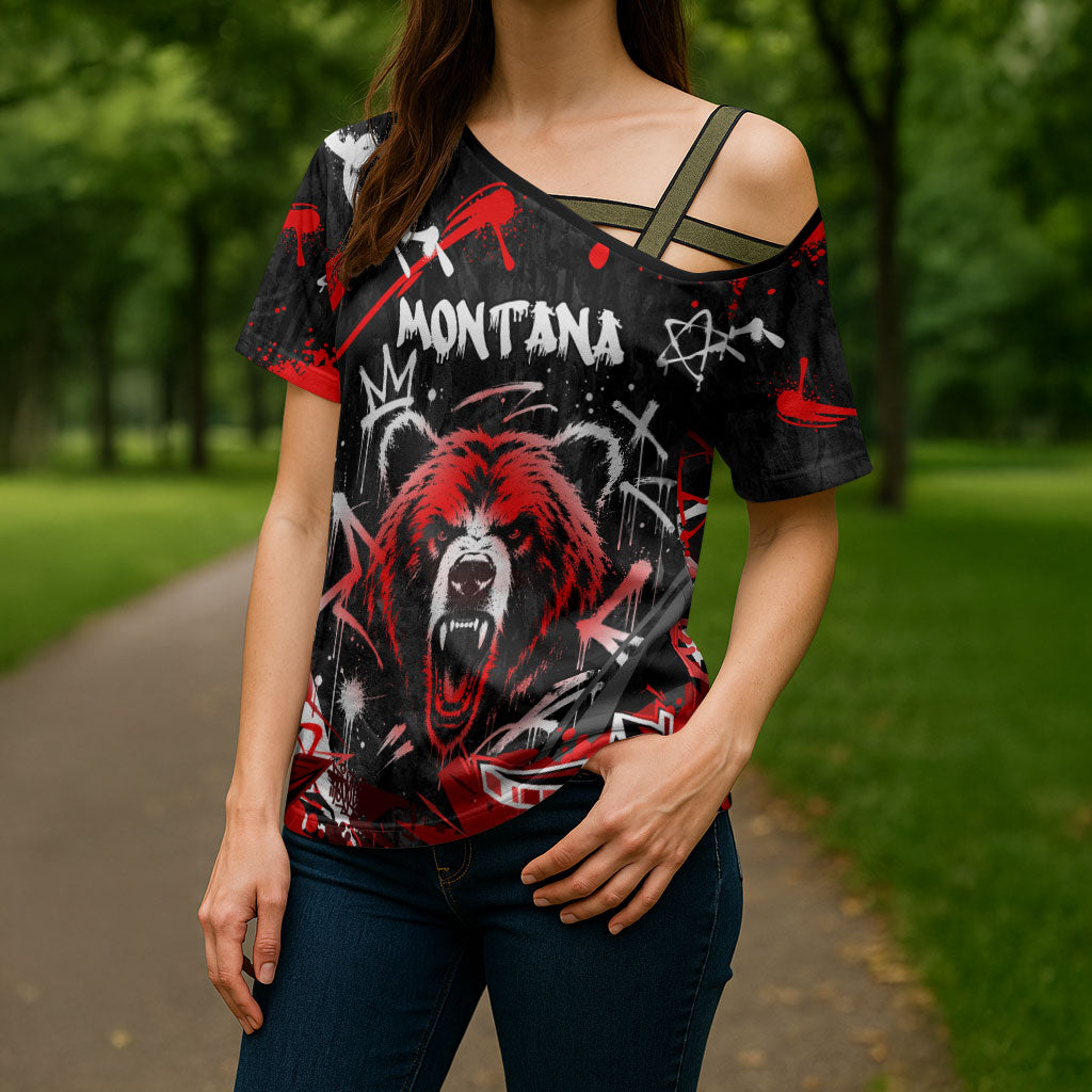 Personalized Montana Grizzly Bear and Bison Cross Shoulder Shirt Urban Graffiti Grunge Paint Splatter