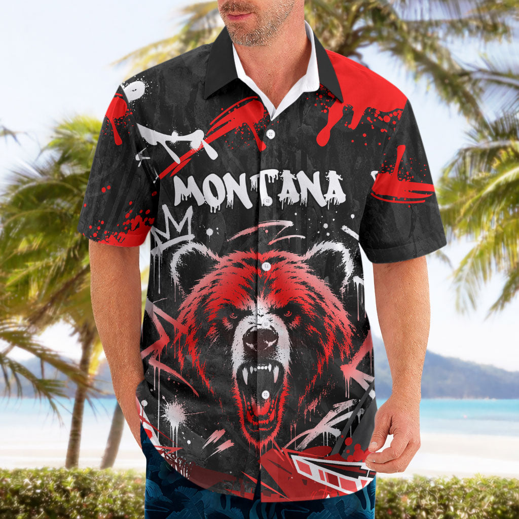 Personalized Montana Grizzly Bear and Bison Hawaiian Shirt Urban Graffiti Grunge Paint Splatter