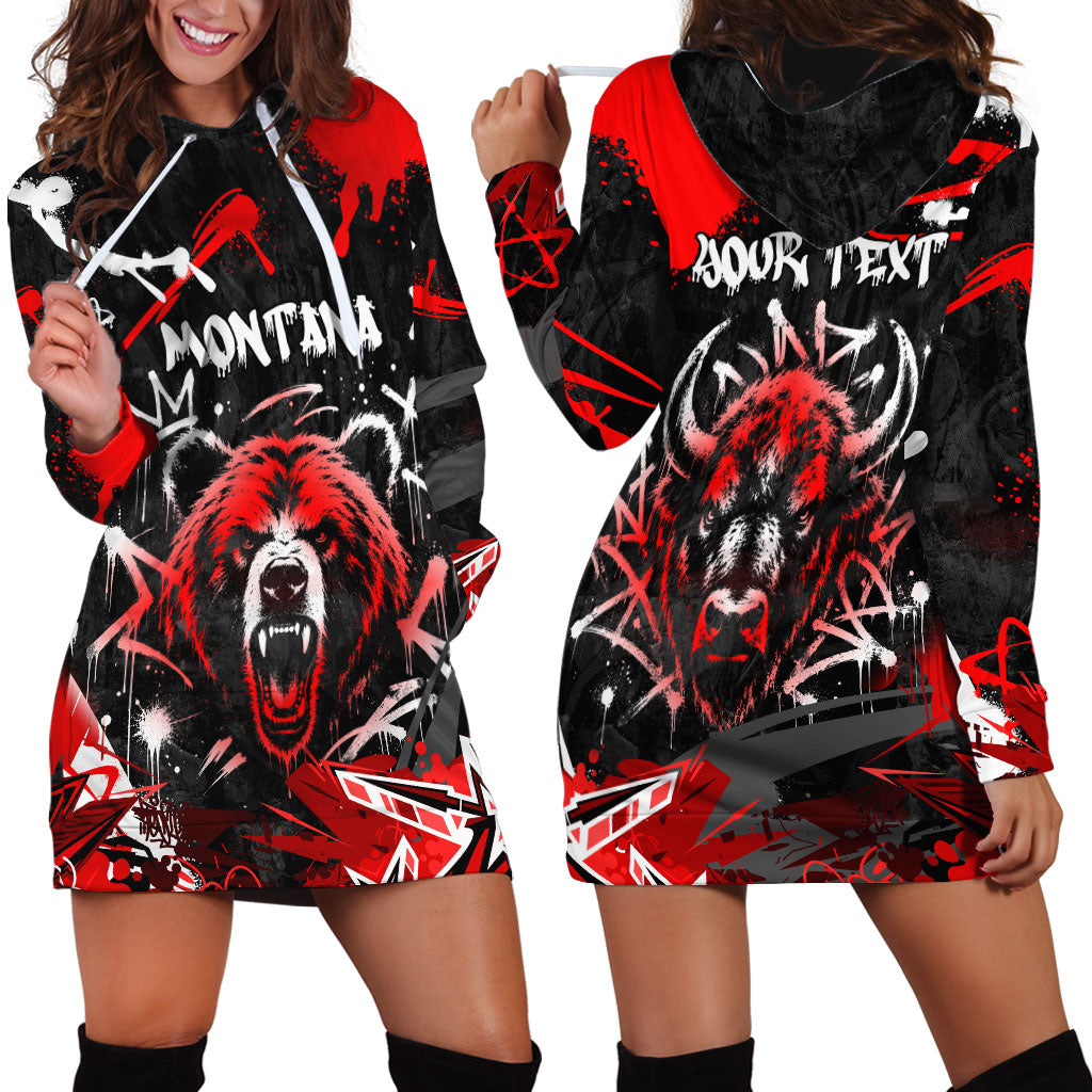 Personalized Montana Grizzly Bear and Bison Hoodie Dress Urban Graffiti Grunge Paint Splatter