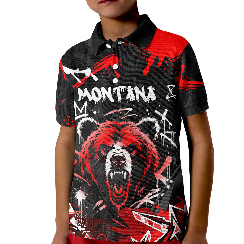 Personalized Montana Grizzly Bear and Bison Kid Polo Shirt Urban Graffiti Grunge Paint Splatter