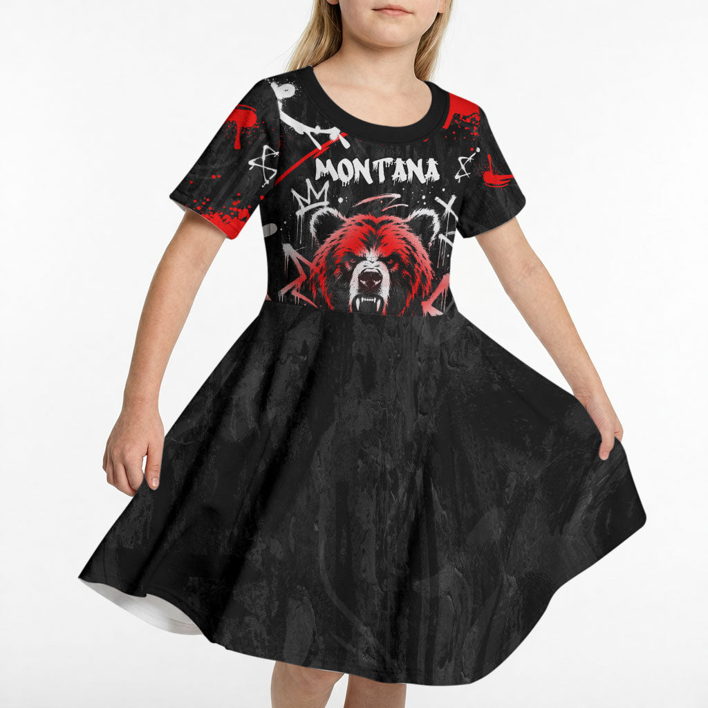 Personalized Montana Grizzly Bear and Bison Kid Short Sleeve Dress Urban Graffiti Grunge Paint Splatter