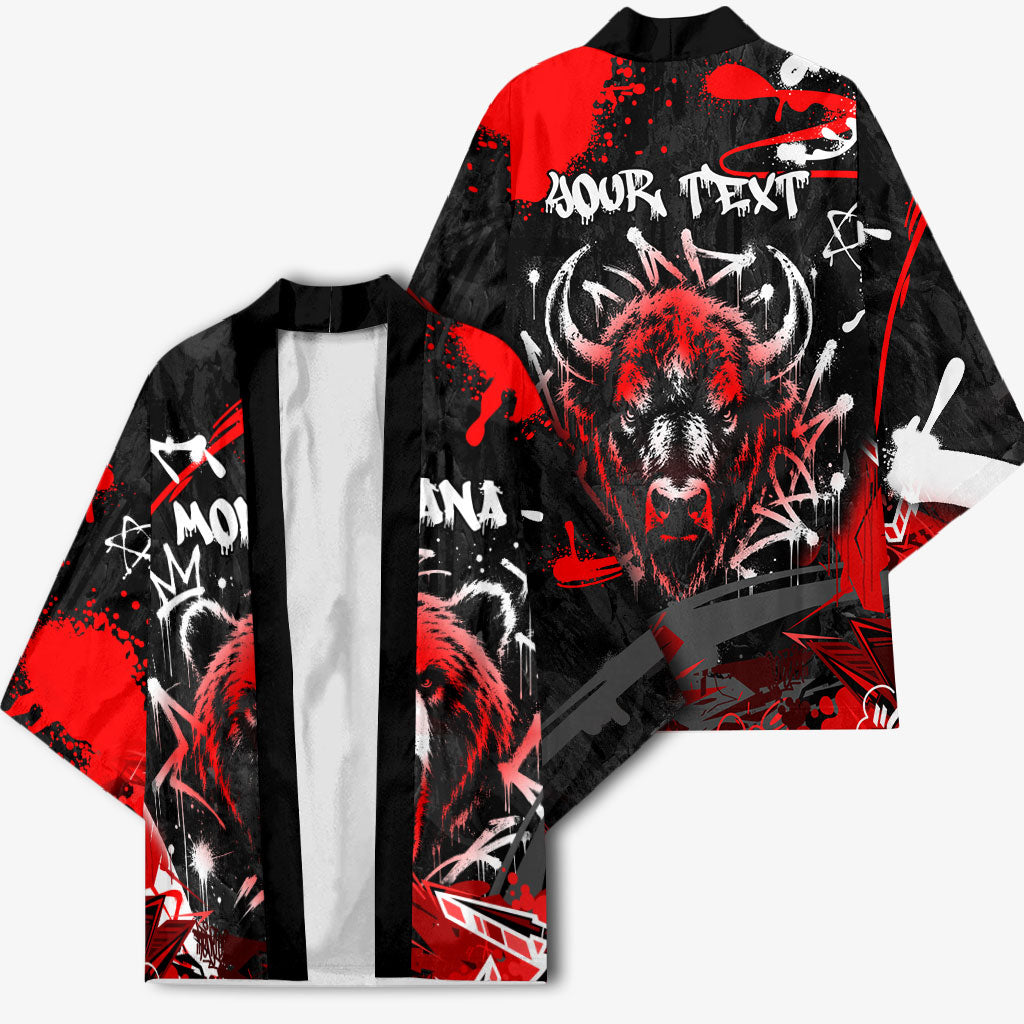 Personalized Montana Grizzly Bear and Bison Kimono Urban Graffiti Grunge Paint Splatter