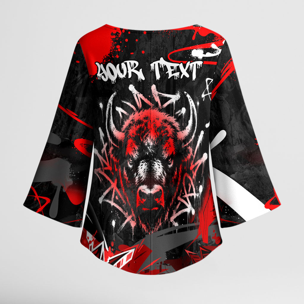 Personalized Montana Grizzly Bear and Bison Kimono Sleeve Blouse Urban Graffiti Grunge Paint Splatter