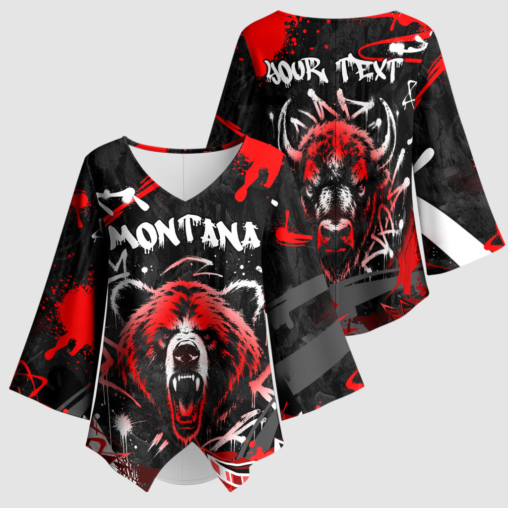 Personalized Montana Grizzly Bear and Bison Kimono Sleeve Blouse Urban Graffiti Grunge Paint Splatter