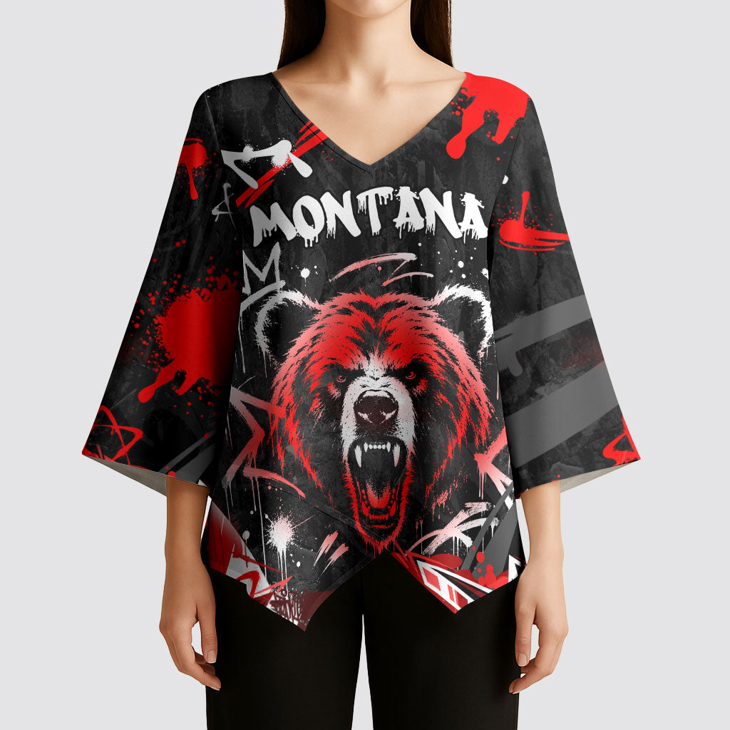 Personalized Montana Grizzly Bear and Bison Kimono Sleeve Blouse Urban Graffiti Grunge Paint Splatter