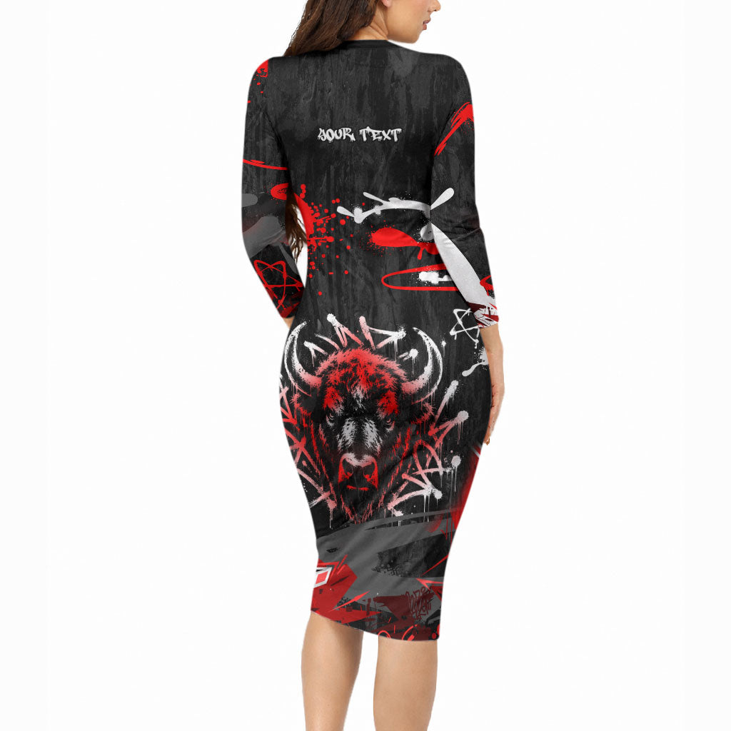 Personalized Montana Grizzly Bear and Bison Long Sleeve Bodycon Dress Urban Graffiti Grunge Paint Splatter