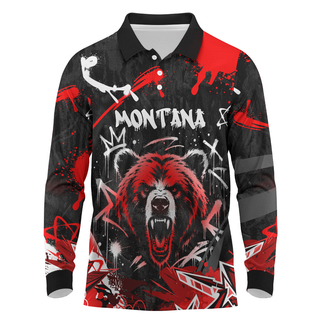 Personalized Montana Grizzly Bear and Bison Long Sleeve Polo Shirt Urban Graffiti Grunge Paint Splatter