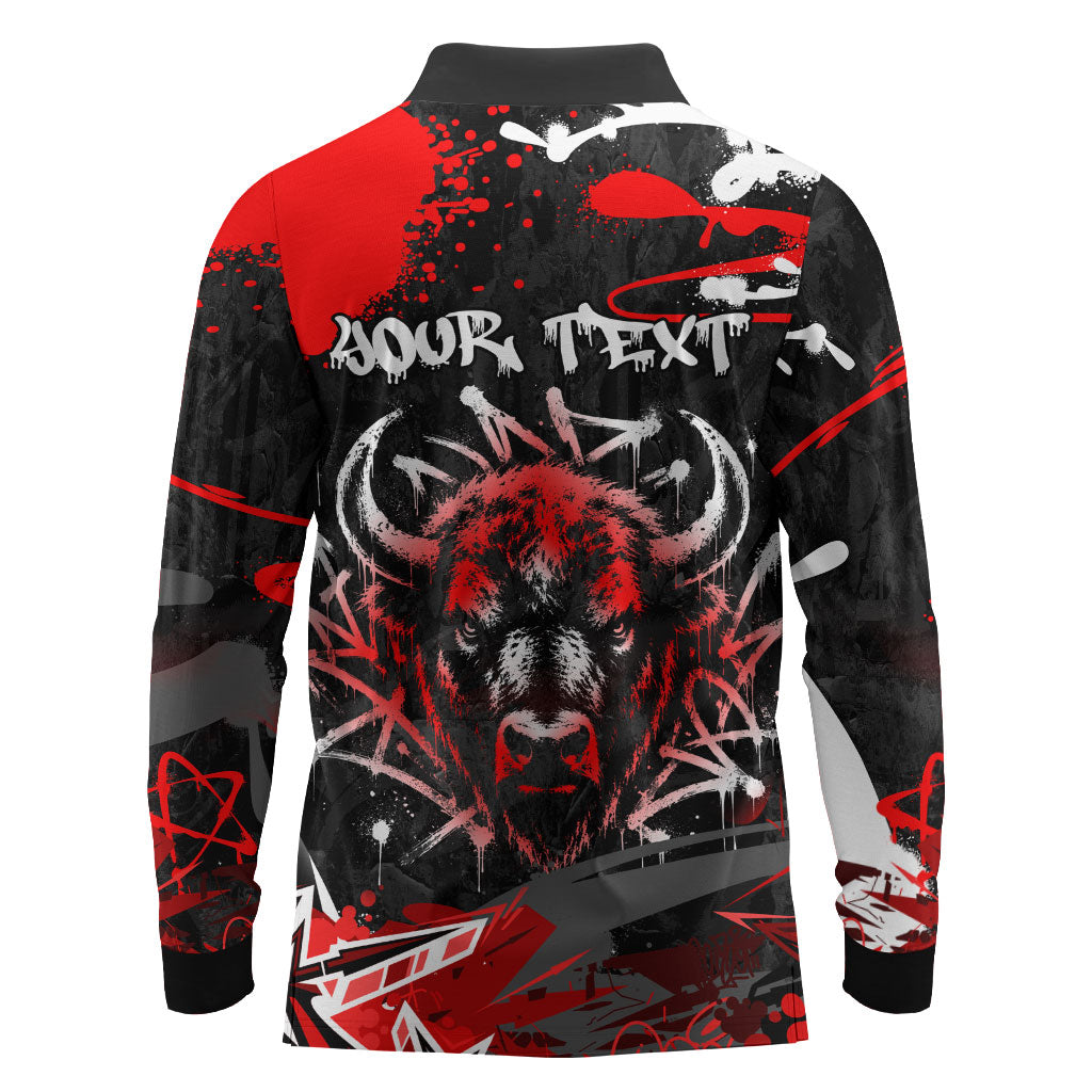 Personalized Montana Grizzly Bear and Bison Long Sleeve Polo Shirt Urban Graffiti Grunge Paint Splatter