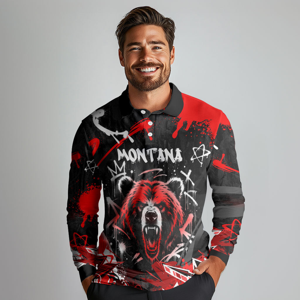 Personalized Montana Grizzly Bear and Bison Long Sleeve Polo Shirt Urban Graffiti Grunge Paint Splatter