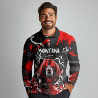 Personalized Montana Grizzly Bear and Bison Long Sleeve Polo Shirt Urban Graffiti Grunge Paint Splatter